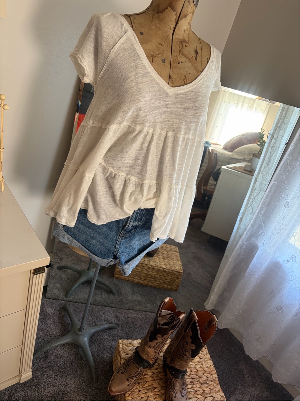 We The Free White V-Neck Tiered Babydoll Top